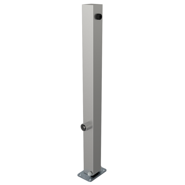 Stainless steel post | 70 x 70 mm | foldable, self-engaging lockto be fixed by plugs, with base plate 100 x 150 mmhot-dip galvanized | with triangular locking mechanism acc. with DIN 3223 | without eyelet